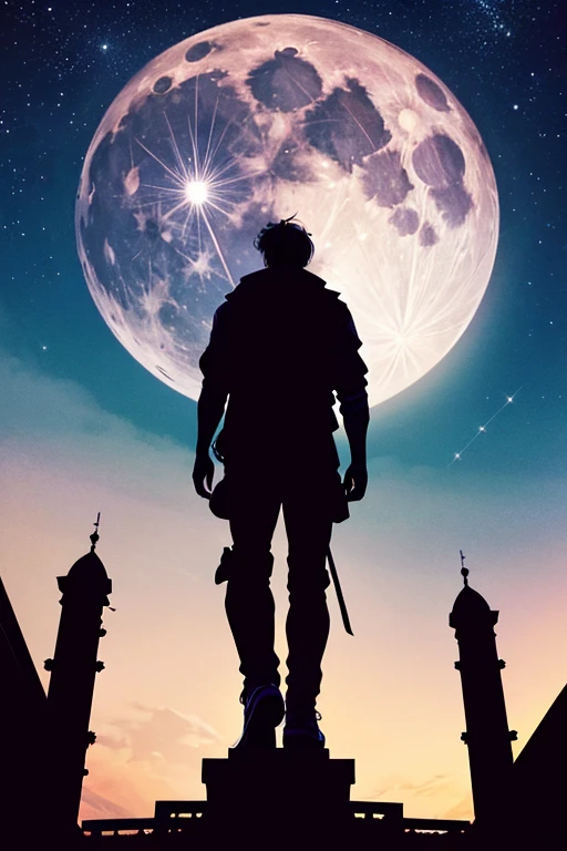 Highest quality,Big moon and shadow,A silhouette of a person can be seen against the backdrop of a large moon.,There is one full moon,There is a mood,Beautiful scenery,Starry Sky