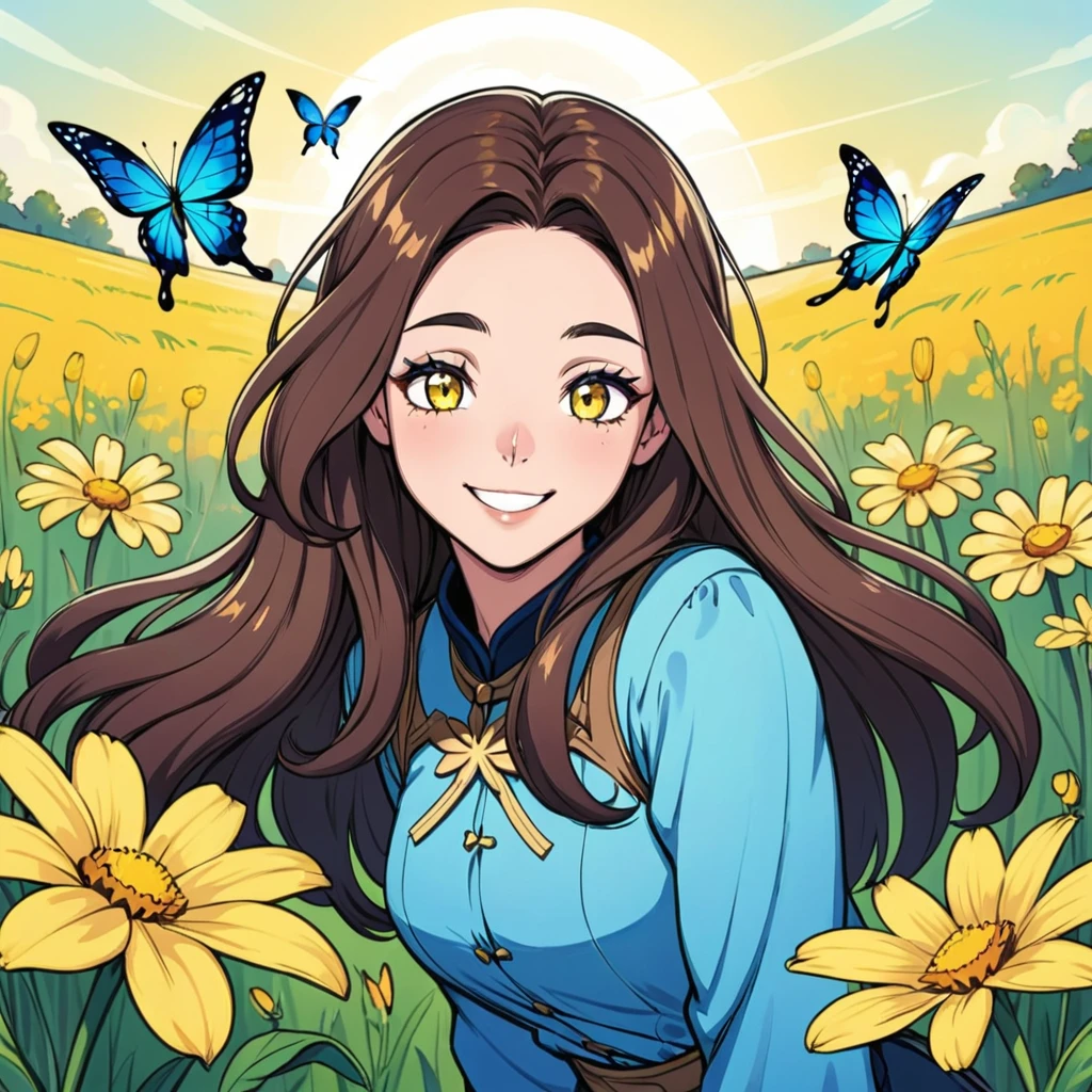 The aesthetics of digital art, with precise lines and a smooth gradient (a brunette with long hair, a playful smile and squinted eyes), intricate details, vivid colors, semi-realistic but idealized pastel colors, with yellow flowers in a field, whimsical and srene with butterflies fluttering around the person, add a whimsical touch. In the style of Thorgal comics with drawings by Grzegorz Rosinski.