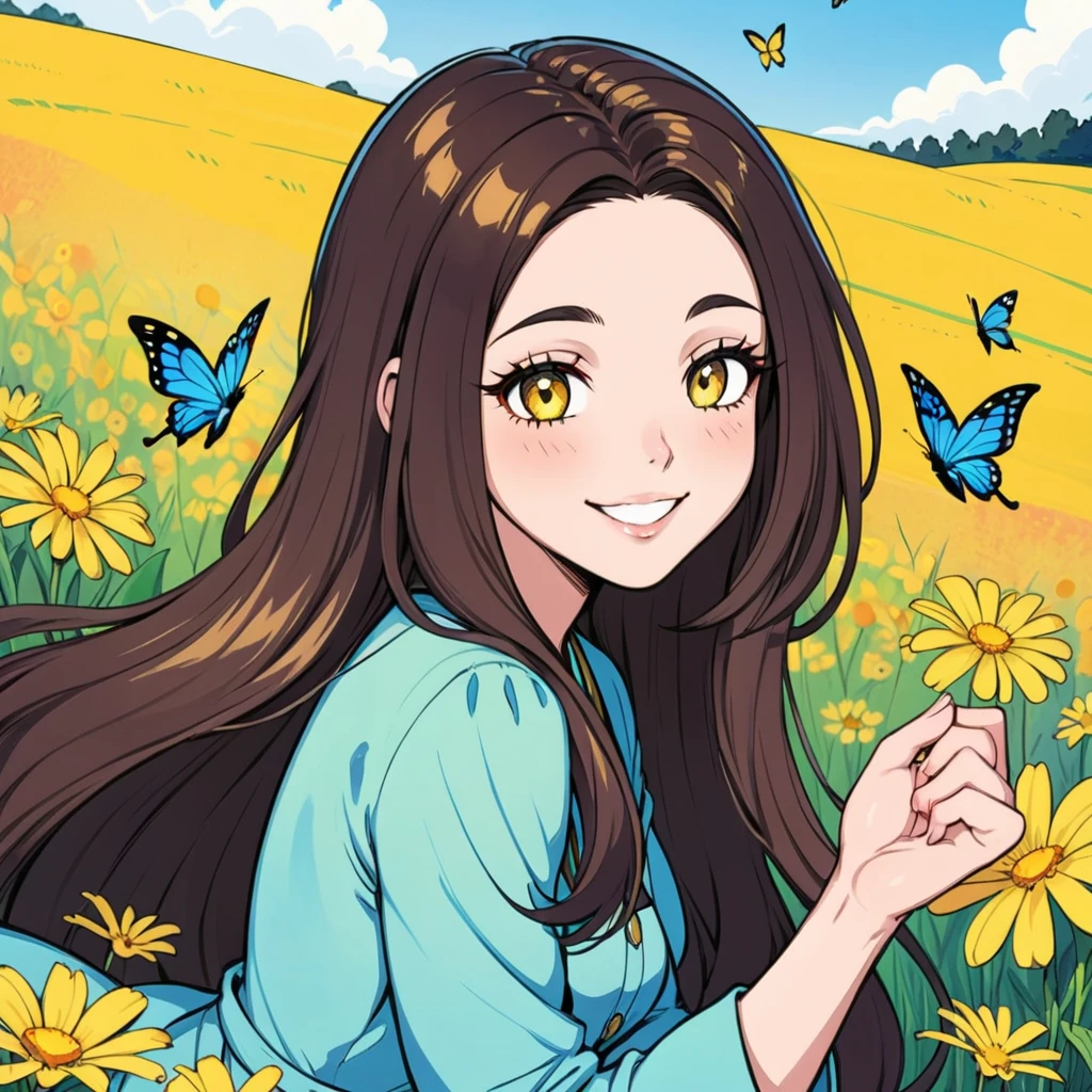 The aesthetics of digital art, with precise lines and a smooth gradient (a brunette with long hair, a playful smile and squinted eyes), intricate details, vivid colors, semi-realistic but idealized pastel colors, with yellow flowers in a field, whimsical and srene with butterflies fluttering around the person, add a whimsical touch. In the style of Thorgal comics with drawings by Grzegorz Rosinski.