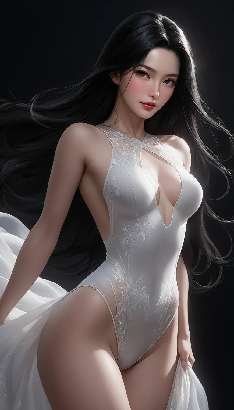 ((最大16K解像度のmasterpiece:1.6)), beautiful, Highest quality, Absolutely wonderful, high detail, Ultra-high resolution, masterpiece, Real, Realistic, The depth of the written world, Cinematic Light,
One elegant mature woman, Long black hair, beautiful顔, Highly detailed facial expressions, Gentle expression, Transparent white skin, Very delicate skin texture, Superb proportions, Anatomically correct body,
Elegant high leg swimsuit, snow-white color, Fine fabric texture、
Black Background,
Focus on the upper body,((Close-up of face:1.5)),