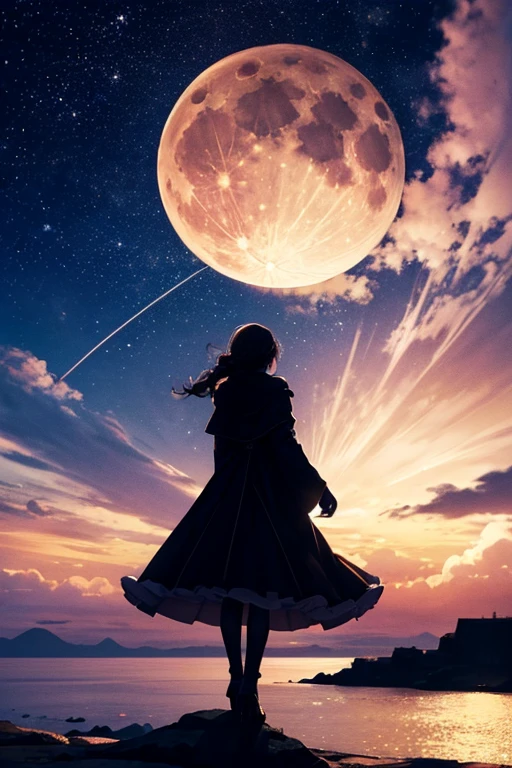 Highest quality,Big moon and shadow,A silhouette of a person can be seen against the backdrop of a large moon.,There is one full moon,There is a mood,Beautiful scenery,Starry Sky