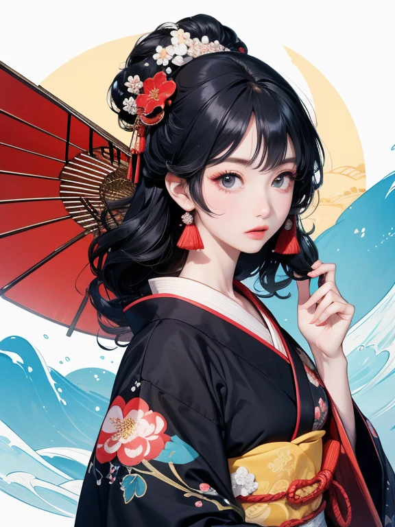 (Highest quality、masterpiece、High resolution、8K)、Ukiyo-e、Vibrant colors、Katsushika Hokusai、1 female、Long Black Hair、The kimono has a vivid floral pattern on a white background.、White waves and Mt. Fuji、Reddish Fuji、White waves, the moon and a woman、White waves, a woman and a seagull、Official Art、背景はUkiyo-e風