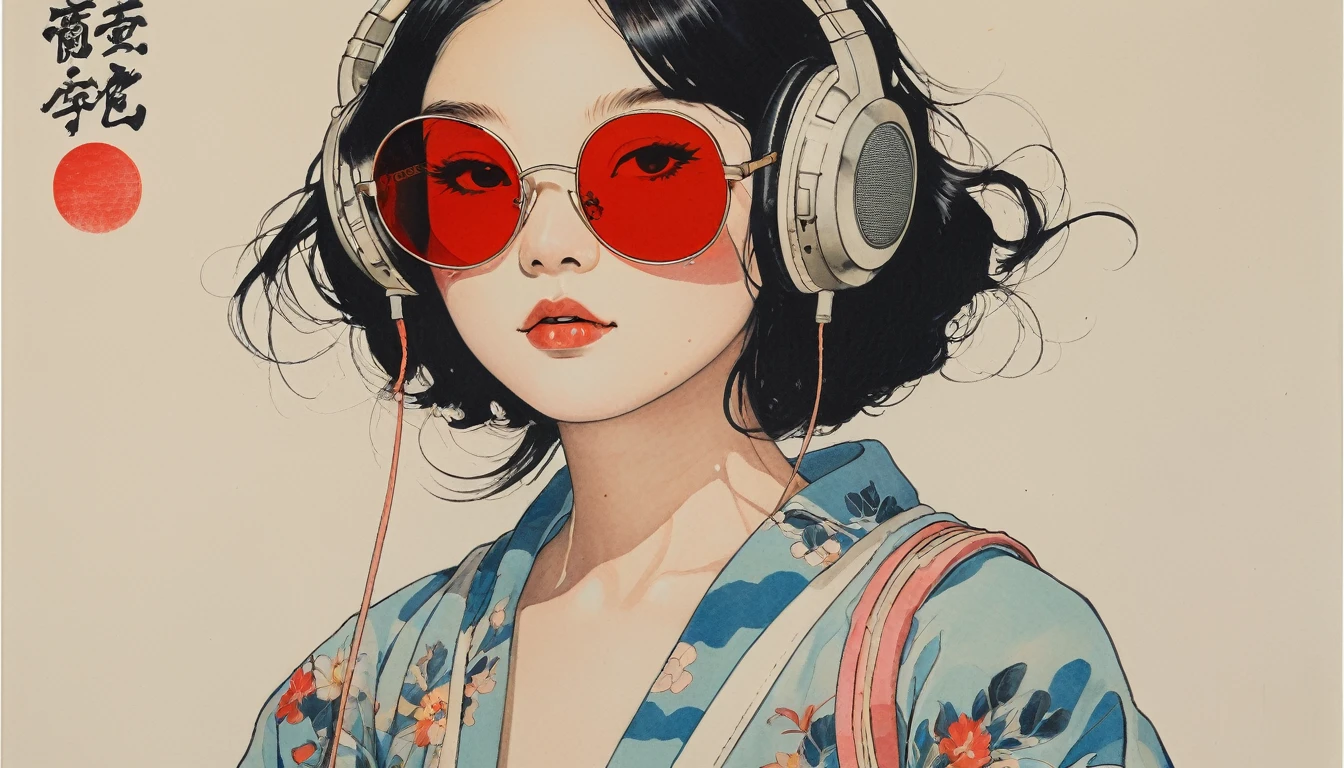 (((Highest quality))), Ink Painting, (((1 girl))), (((tattoo))), (((Light colored sunglasses))), Japanese style headphones, Japan刀, beautiful girl, Black Hair, Delicate and precise, Modern ukiyo-e style, Japan