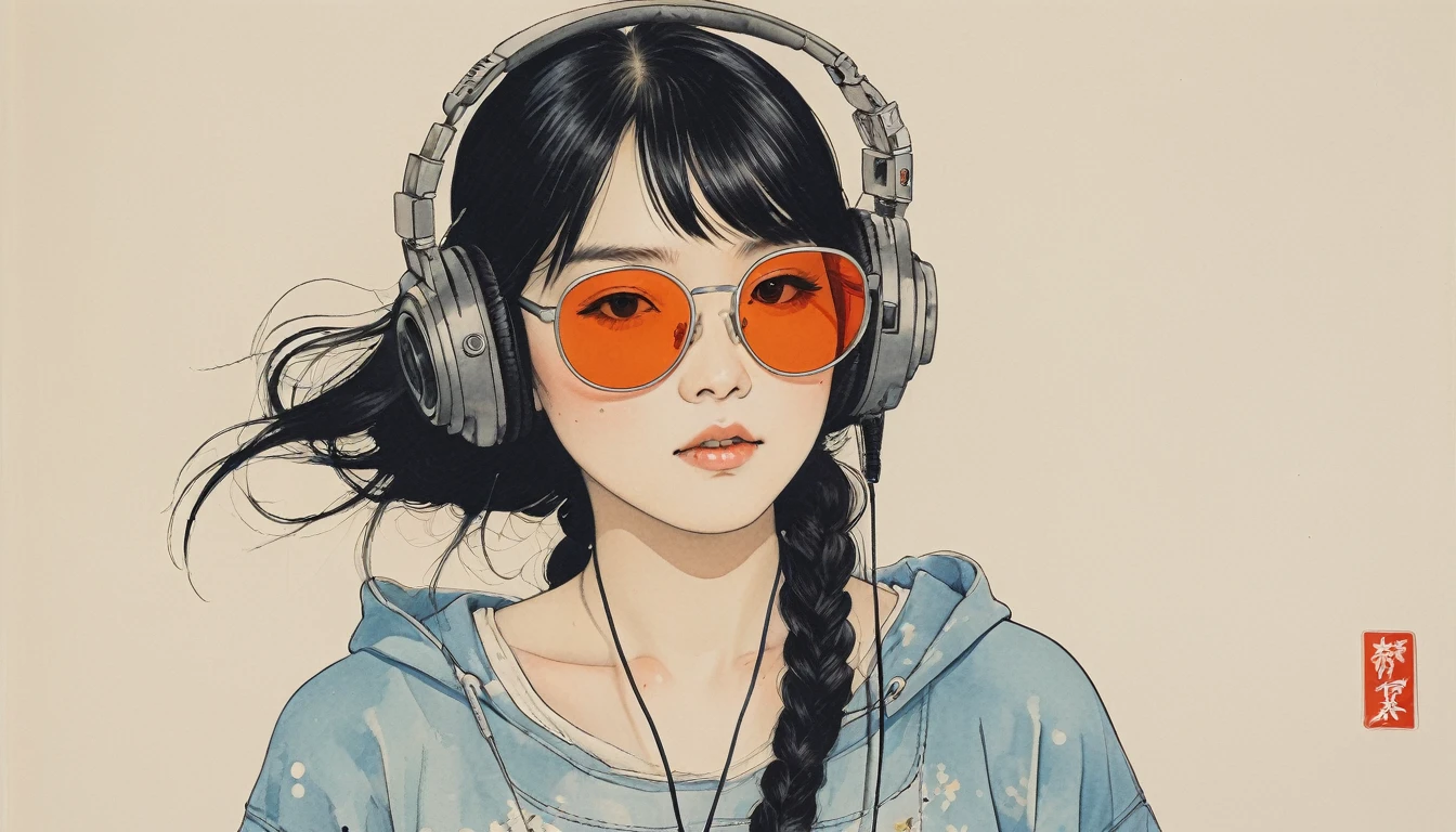 (((Highest quality))), Ink Painting, (((1 girl))), (((tattoo))), (((Light colored sunglasses))), Japanese style headphones, Japan刀, beautiful girl, Black Hair, Delicate and precise, Modern ukiyo-e style, Japan