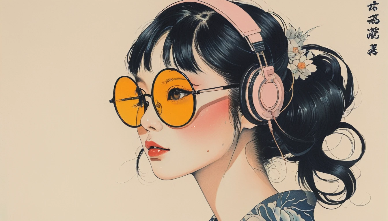 (((Highest quality))), Ink Painting, (((1 girl))), (((tattoo))), (((Light colored sunglasses))), Japanese style headphones, Japan刀, beautiful girl, Black Hair, Delicate and precise, Modern ukiyo-e style, Japan