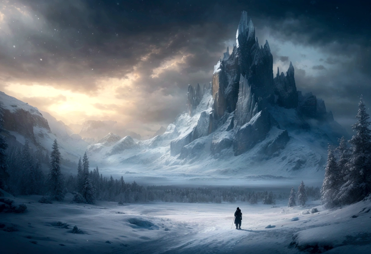 Scene of snowy mountains with a lonely man, walking in the foreground, 4k fantasy art, winter concept art, 8K fantasy art, inspired by Andreas Rocha, Highly detailed 4K digital art, concept art wallpaper 4K, andreas rocha and john howe, elegant cinematic fantasy art, Epic fantasy work, fantasy epic digital art, matte painting game art