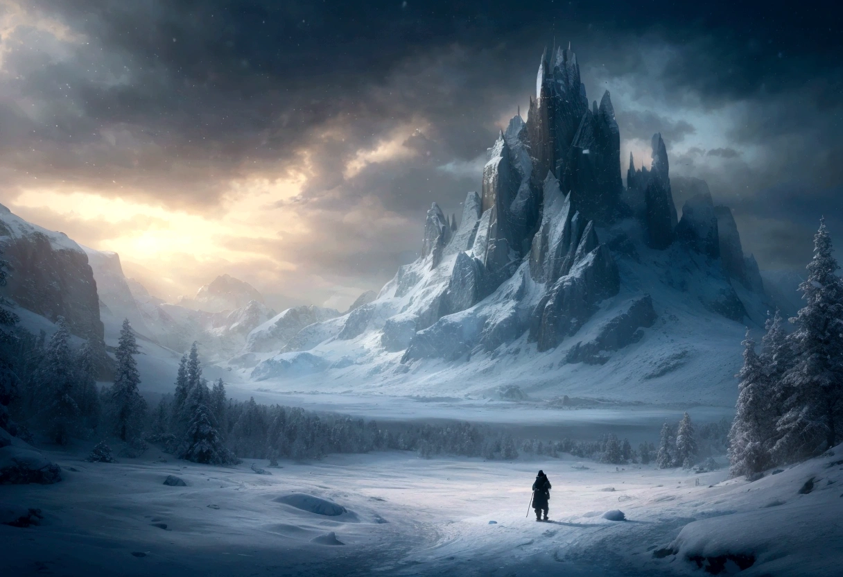 Scene of snowy mountains with a lonely man, walking in the foreground, 4k fantasy art, winter concept art, 8K fantasy art, inspired by Andreas Rocha, Highly detailed 4K digital art, concept art wallpaper 4K, andreas rocha and john howe, elegant cinematic fantasy art, Epic fantasy work, fantasy epic digital art, matte painting game art