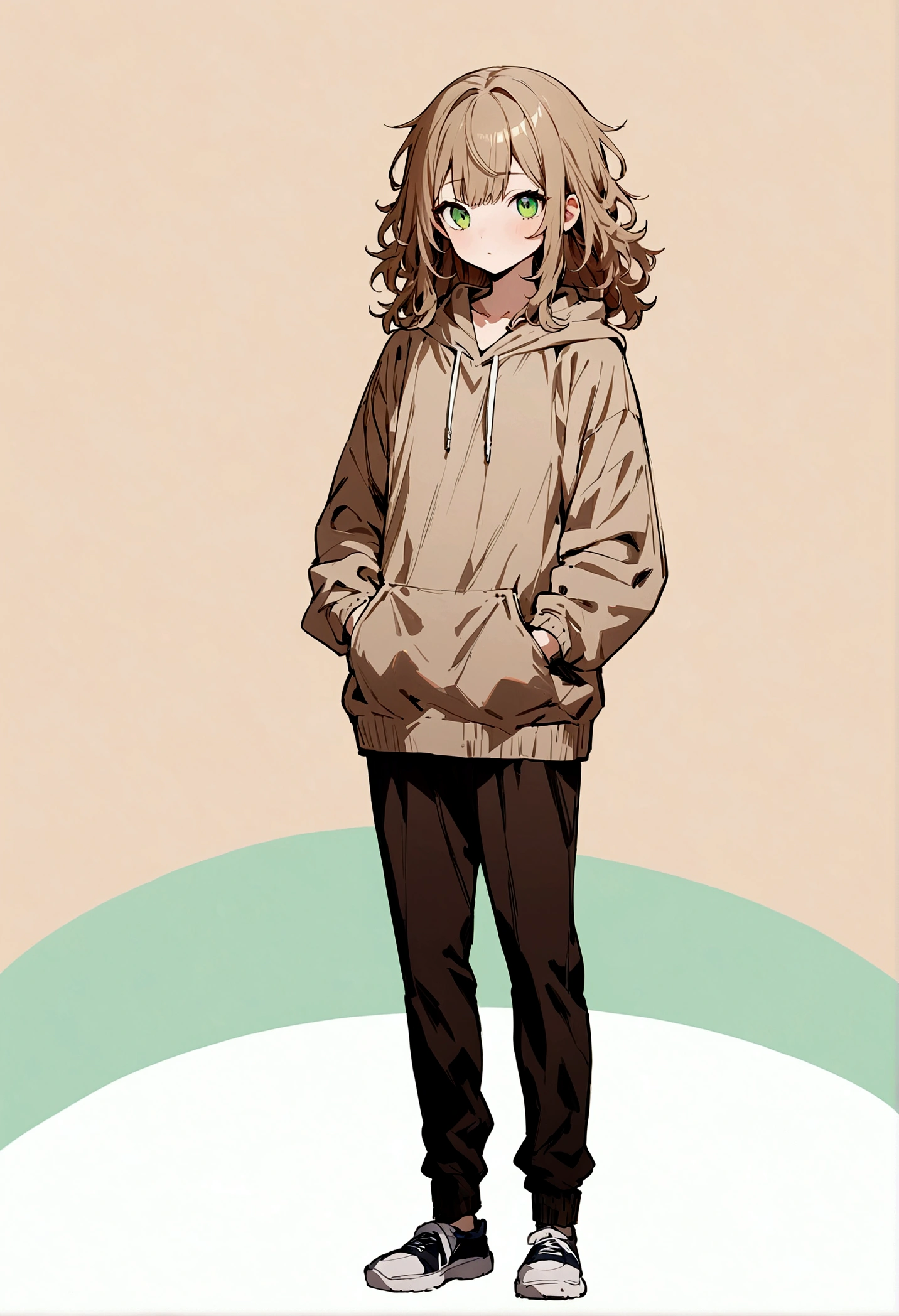 fullbody,masterpiece,standing,light brown hoodie, brown unruly hair,green eyes, bangs,teen,1boy,solo