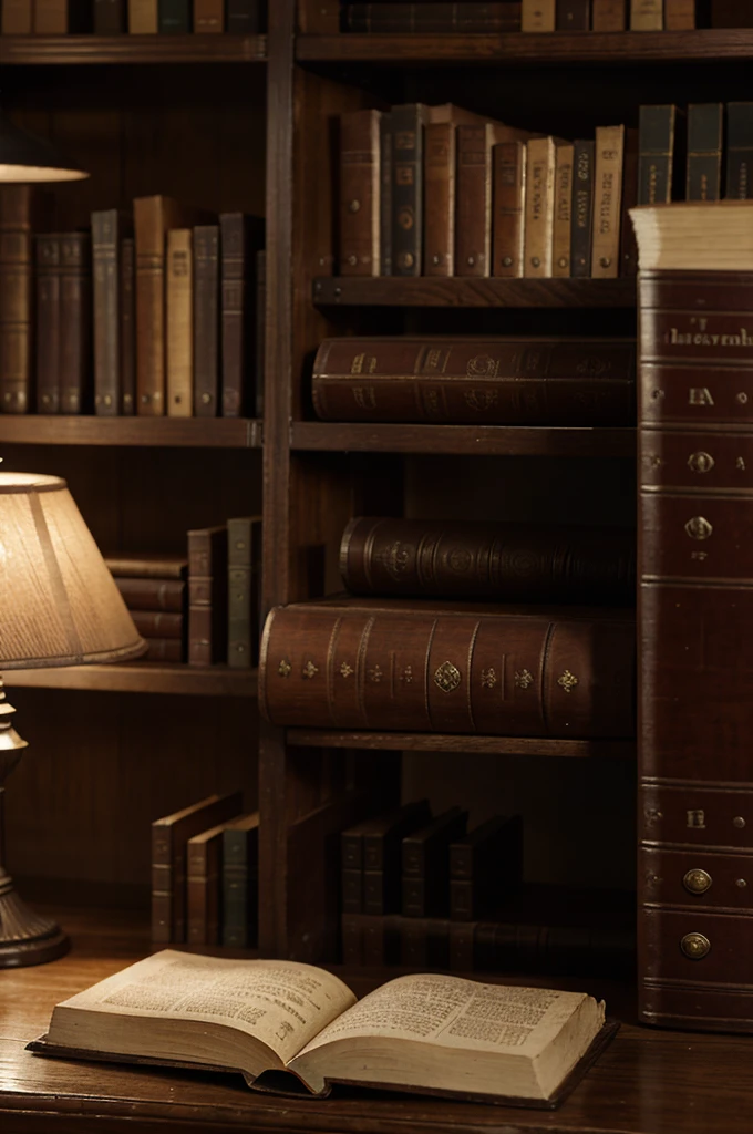 An old volume of a closed book lies on a table in the library.. soft light. Background - shelves with books