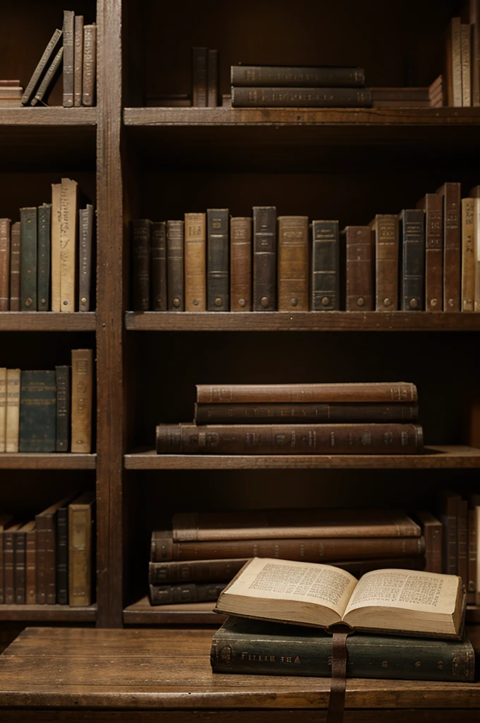 An old volume of a closed book lies on a table in the library.. soft light. Background - shelves with books