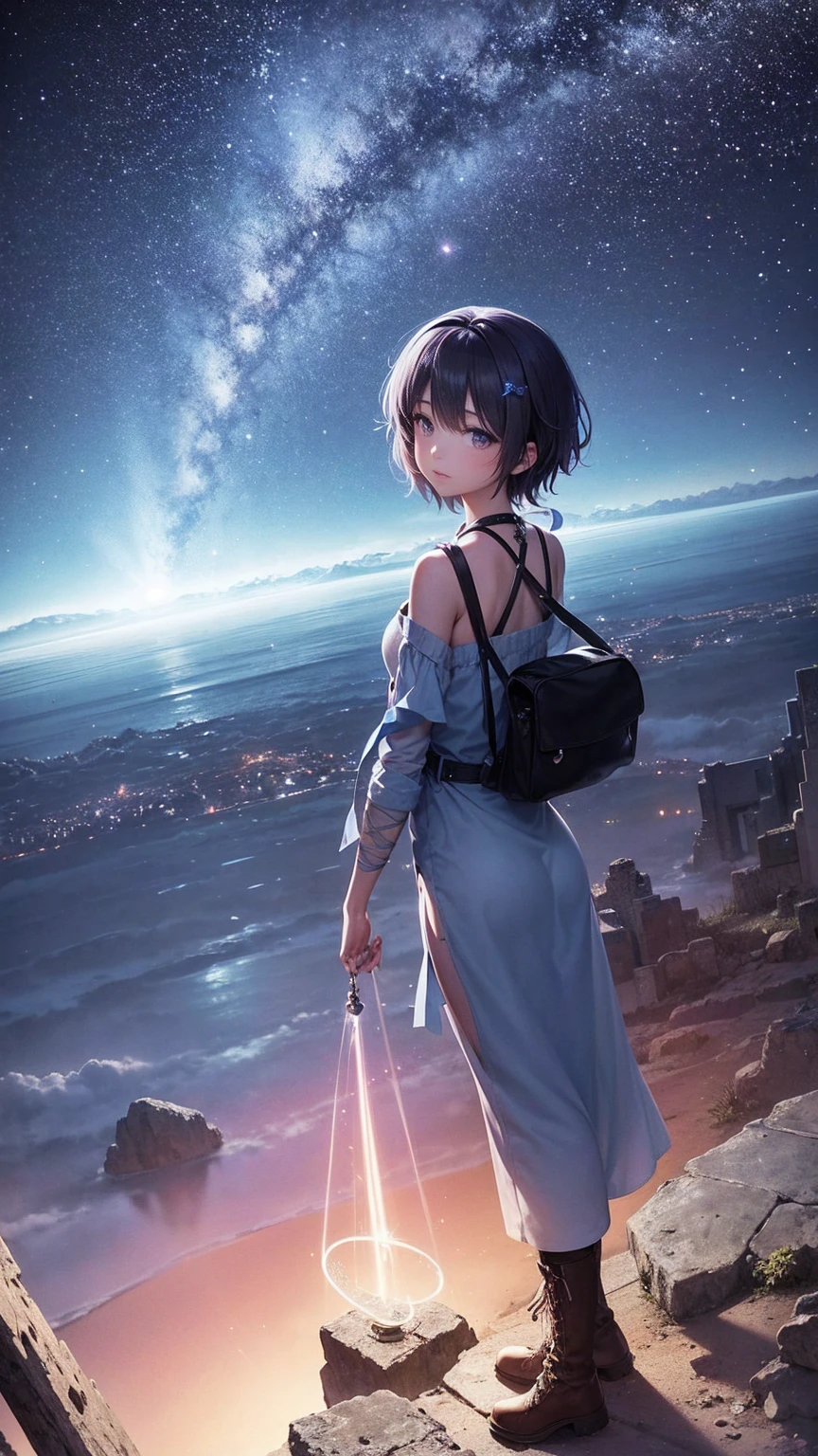 Create an anime-style illustration inspired by the song lyrics, depicting a cosmic journey and a quest for truth. The scene is set under a boundless night sky filled with countless stars, with a sense of infinite space. In the foreground, a young female protagonist with bright light blue short hair, dressed in a black tank top, loose blue jeans, and green sneakers, stands on a rocky outcrop. Her expression reflects determination and wonder as she gazes up at the star-filled sky. Beside her is another young woman with bright pink twin-tail hair, dressed in a long white dress and brown leather boots, holding a glowing ancient key, symbolizing the key to opening dimensional doors.
In the background, faint outlines of ancient ruins and a large, mystical doorway can be seen, hinting at hidden ancient wisdom. Ethereal light beams from the stars above illuminate their path, and fragments of memories are depicted as translucent, floating images around them.
The night sky is vibrant with hues of deep blues and purples, with a subtle aurora effect, creating a dreamlike atmosphere. The overall mood should convey a sense of adventure, cosmic mystery, and the eternal quest for truth, guided by the light of the stars.