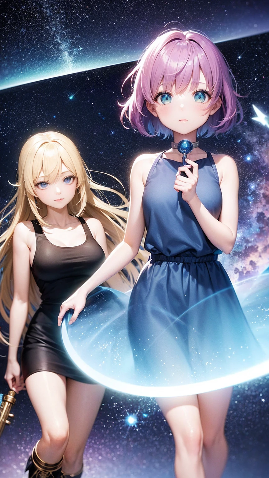 Create an anime-style illustration inspired by the song lyrics, depicting a cosmic journey and a quest for truth. The scene is set under a boundless night sky filled with countless stars, with a sense of infinite space. In the foreground, a young female protagonist with bright light blue short hair, dressed in a black tank top, loose blue jeans, and green sneakers, stands on a rocky outcrop. Her expression reflects determination and wonder as she gazes up at the star-filled sky. Beside her is another young woman with bright pink twin-tail hair, dressed in a long white dress and brown leather boots, holding a glowing ancient key, symbolizing the key to opening dimensional doors.
In the background, faint outlines of ancient ruins and a large, mystical doorway can be seen, hinting at hidden ancient wisdom. Ethereal light beams from the stars above illuminate their path, and fragments of memories are depicted as translucent, floating images around them.
The night sky is vibrant with hues of deep blues and purples, with a subtle aurora effect, creating a dreamlike atmosphere. The overall mood should convey a sense of adventure, cosmic mystery, and the eternal quest for truth, guided by the light of the stars.