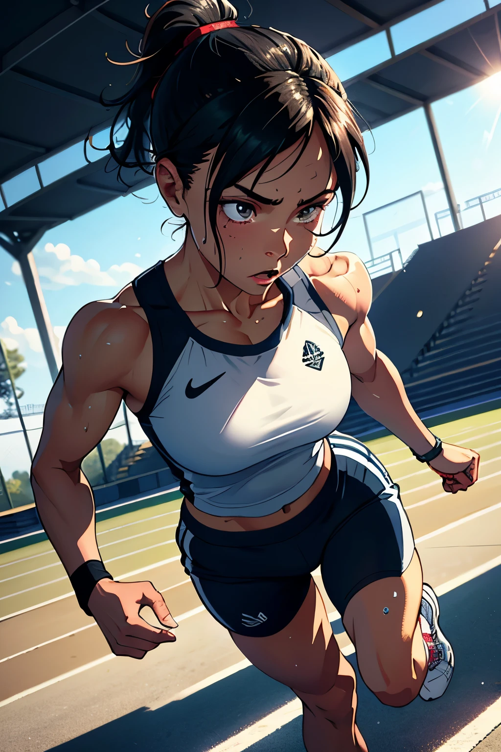 Female Athlete, (Serena Williams:Simone Biles:0.5), lean muscular build, sweat dripping down her forehead, determined expression, high detail face, high detail skin, sports attire, (tight sports bra and short athletic shorts), (toned abs:1.2), short afro hairstyle, (sculpted shoulders:1.3), synthetic turf track background, (UHD, 8K wallpaper, High resolution), cinematic lighting, award-winning, extremely detailed skin, extra detailed face, high detail eyes, photo-realistic, Canon EF 70-200mm F/2.8L IS III, by