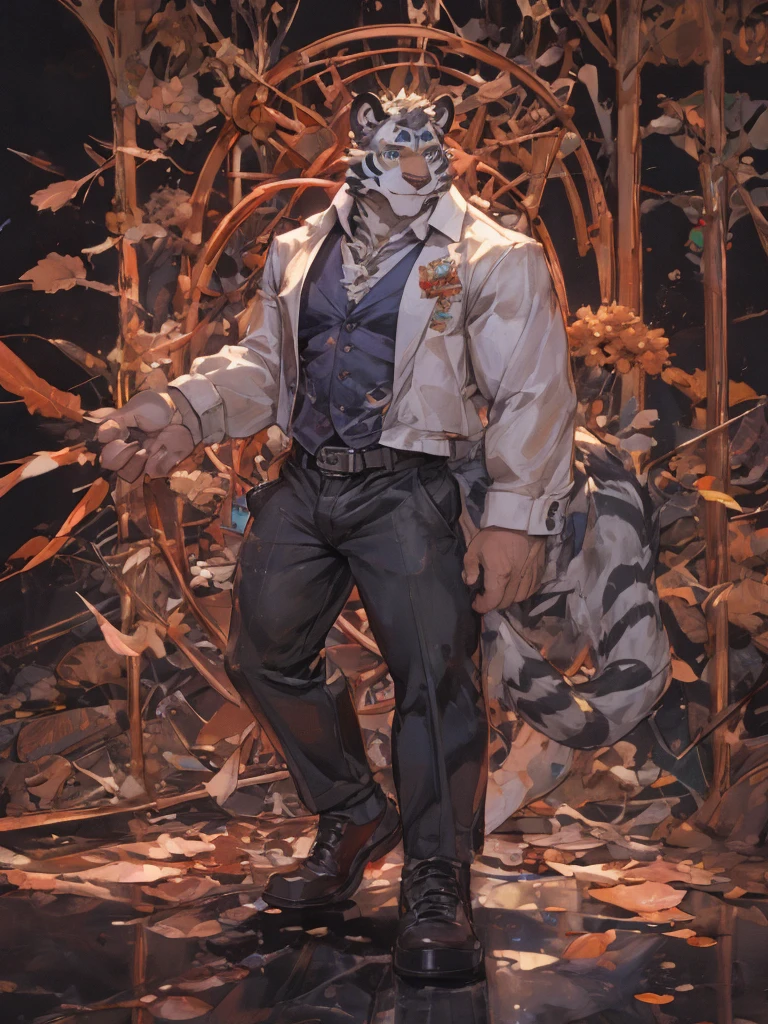 {{bara extremely handsome white tiger,}} {{white fur,}} white, wearing elegant ornate suit jacket, trousers, white dress shirt and necktie, white fluffy furry body and limbs, loafers, very tall, very broad shoulders, narrow waist, muscular arms, massive pecs, purple eyes, very long legs, massive bulge, sophisticated hot look, 3/4 view, best quality, high detail, CG image, character splash art, silver earring on left ear, sultry smirk