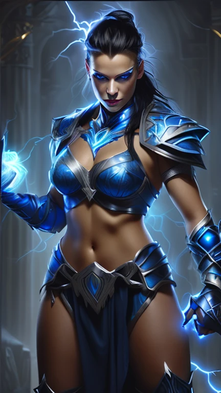 a mature woman in armor , age 40 , holding a lightning ball, female lightning genasi, female mage with black hair in a ponytail, epic mage girl character, wearing thunder armor, blue armor, full portrait of electromancer,  lightning mage, ice mage, bikini armor female knight, fantasy paladin woman, goddess of lightning, blue and ice silver color armor, portrait of a female mage, electric blue eyes