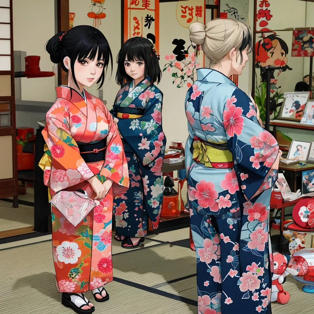 comics, Chibi Character, Hajime, a 50-year-old Japanese man in a kimono, and Saori, a 40-year-old woman in a kimono, I am studying about end of life。