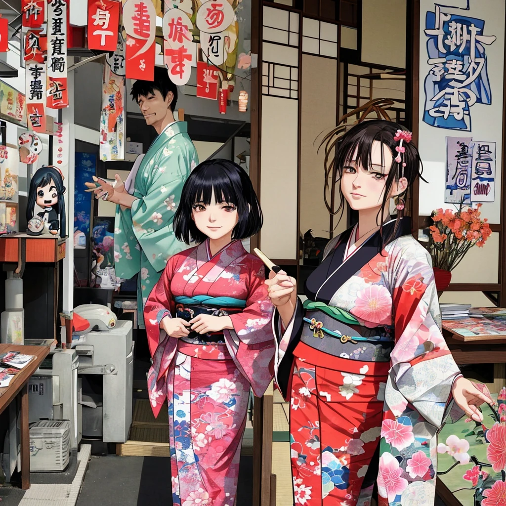 comics, Chibi Character, Hajime, a 50-year-old Japanese man in a kimono, and Saori, a 40-year-old woman in a kimono, I am studying about end of life。