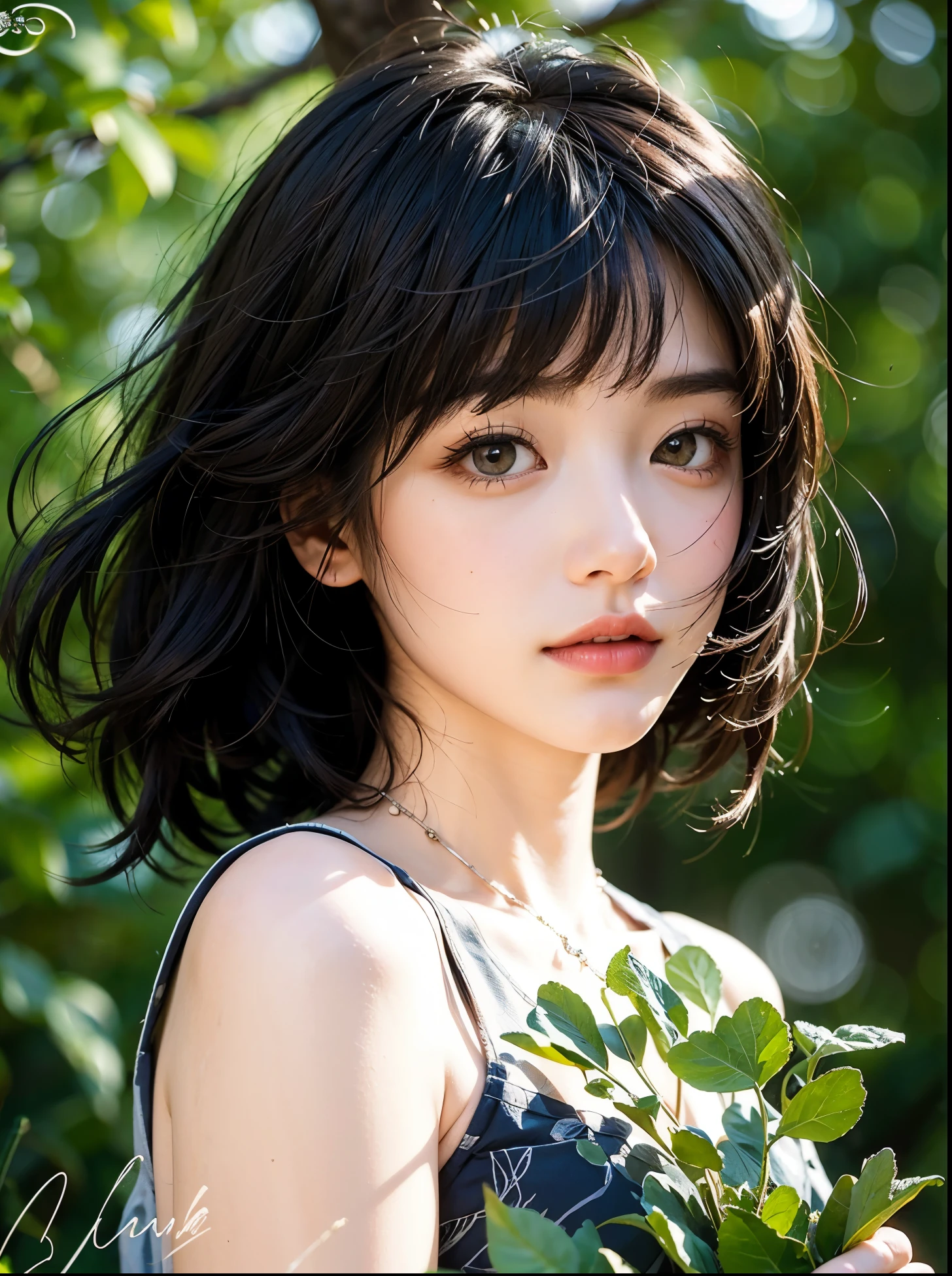 Beautiful Chinese waifu, early 30s, brunette hair, closeup, holidng small tree branches in hands