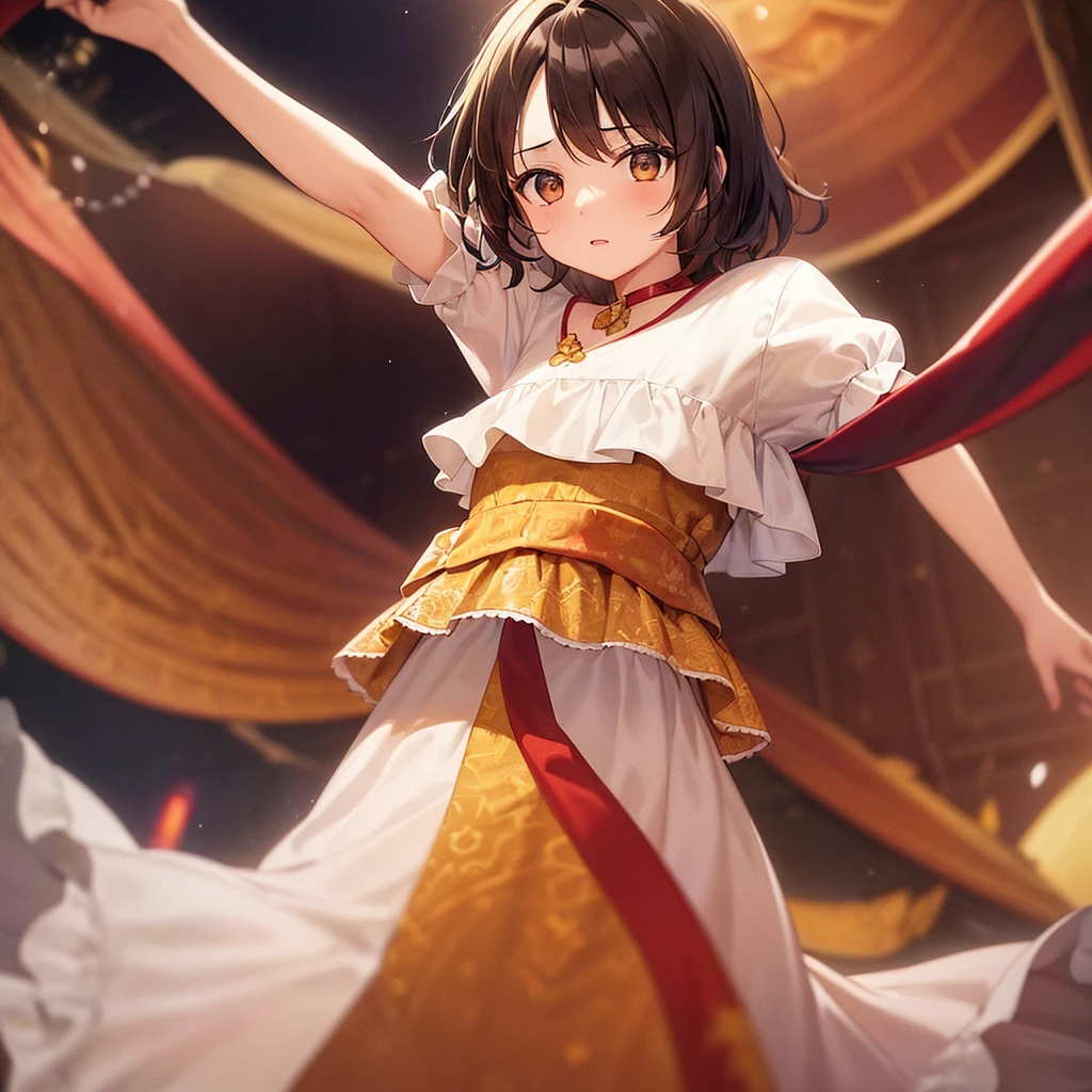 A girl with brown eyes, dark brown, not very short hair. In a white dress with red and yellow decorations and patterns on the dress with yellow angel wings, the girl is mentally ill.