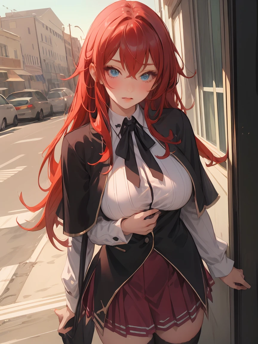 masterpiece, best quality, high quality, highres, outdoors, day, upper body, looking at viewer, solo, focused, BREAK, ANIME_DxD_Rias_Gremory_ownwaifu, 1girl, bangs, long hair, red hair, breasts, large breasts, rias gremory, blue eyes, hair between eyes, very long hair, collarbone, hair intakes, hair over breasts, black capelet, black corset, collared shirt, kuoh academy , layered skirt, underbust, , skirt, shirt, long sleeves, purple skirt, ribbon, miniskirt, neck ribbon, thighhighs, black ribbon,
