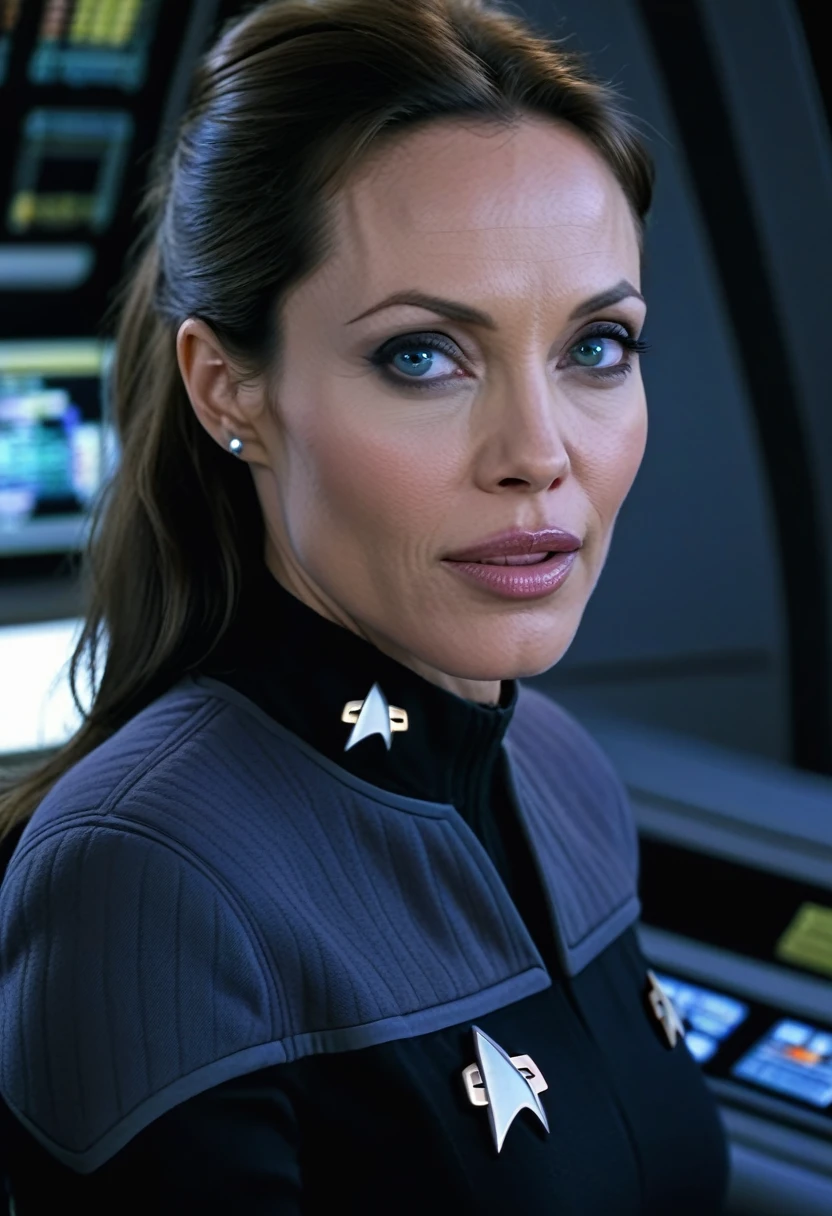 Wide angle view, full image, angelina jolie, eine Frau in heißer star trek-Uniform, on the bridge of the Enterprise, star trek, on the bridge of the Enterprise, Fantasy planet, futuristic spaceships, ((perfect eyes, detailled eyes,realistic eyes)), ((sharp face, detailed face, realistic face, natural skin, realistic skin, detailed skin, pores)), panorama view