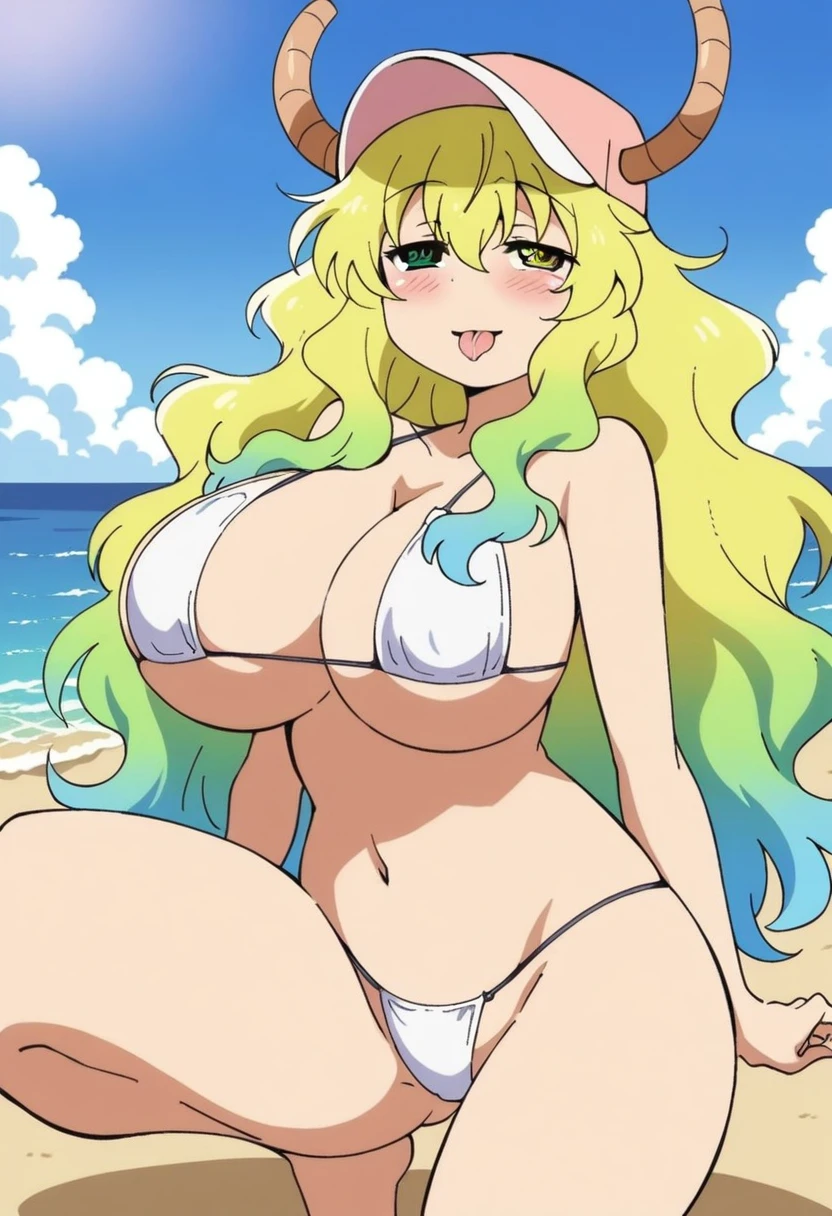 Anime art style, 2D, masterpiece, Highest quality, so beautiful, Absurd, Dynamic Shadows, Atmospheric, Lucoa_maryland, (One girl), (Blonde), Long Hair, (Gradient Hair), Green Hair, Blue Hair, (Heterochromia iridis), Green Eyes, Yellow Eyes, Ahoge, Hair between the eyes, bangs, Big Breasts, Cleavage, Curved body, clavicle, compensate, Ahegao, Sticking out tongue, saliva, horn, Have, Pink baseball cap, White Bikini, Micro Bikini, o-ring bikini, Barefoot, Sexy smile, (Cowboy Shot), squat, (From below), Beach, cloud, null