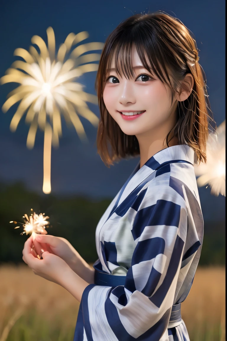 Highest quality, (beautiful)、yukata、、field、night、Fireworks