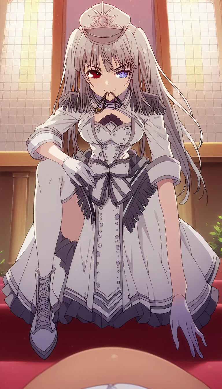 1girl, solo, full length, long hair, loose hair, medium breasts, looking at viewer, legs, hand, bangs, smile, heterochromia, red eyes, blue eyes, sitting, arrogant smile, legs, stockings, gloves, cleavage, indoors, on the throne, closed mouth, heterochromia, hand raised to mouth, one leg lies on the other, pov white stockings, white gloves, 1boy, hands, boy hands on the girl thighs, pov