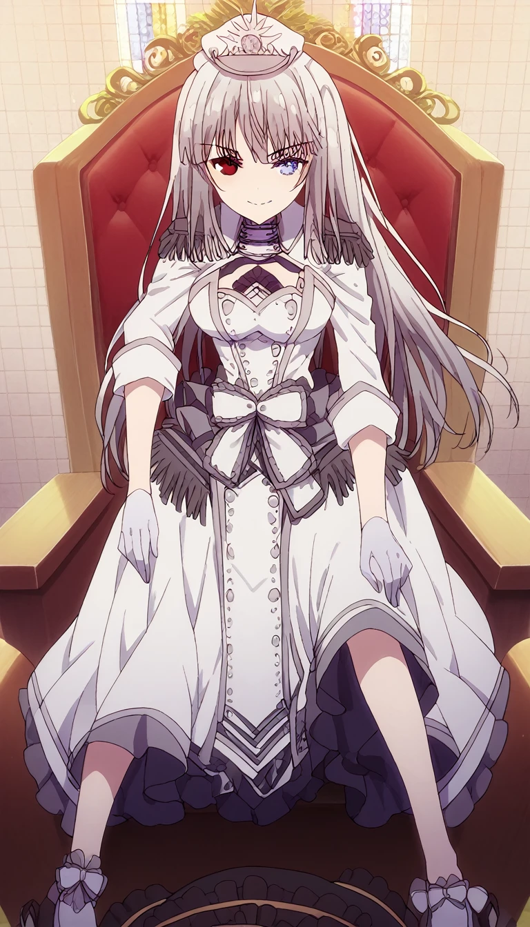 1girl, solo, full length, long hair, loose hair, medium breasts, looking at viewer, legs, hand, bangs, smile, heterochromia, red eyes, blue eyes, sitting, arrogant smile, legs, stockings, gloves, cleavage, indoors, on the throne, closed mouth, heterochromia, hand raised to mouth, one leg lies on the other, pov white stockings, white gloves, 1boy, hands, boy hands on the girl thighs, pov