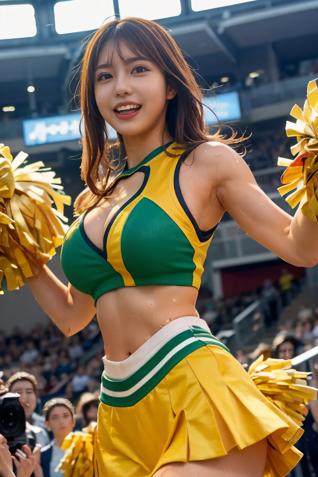 masterpiece, Highest quality, Super detailed), Portrait of an 18 year old woman with light brown hair, Green round eyes, erotic, , Wet with water, 、 (cheer leading, Cheerleader Costumes)  - Auto Ultra Realistic, huge firm bouncing busts, Deep cleavage, Oblique view from below, 