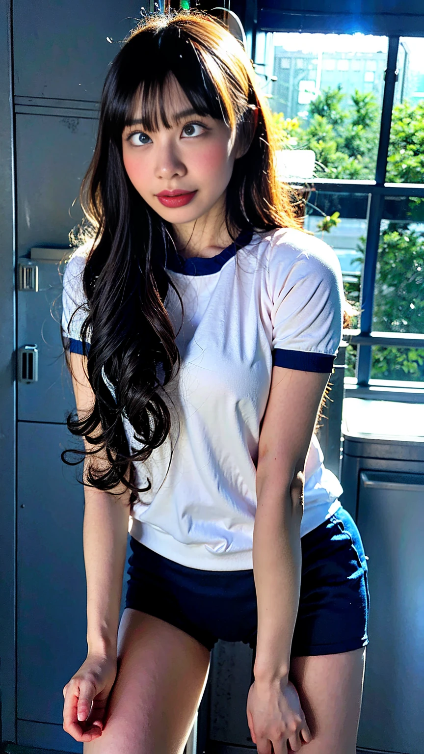 masterpiece, ultra high res, (photorealistic:1.4), 8k, RAW photo, best quality, detailed shadow, sharp focus, bloom, (bokeh:1.3), (blue Hour Light:1.6), (close up:1.5), (face up:1.5), (above shot:1.3), BREAK 1girl, (small breast:1.5), (round face:1.5), (light pink hair:1.3), (long hair:1.3), (wavy hair:1), (bangs:1.5), (fair skin:1.5), (transparent skin:1.5), (narrow weist:1.8), wide forehead, (skinny:1.2), ((towering:1.8)), (towering:1.5), (18 years old:1.5), (detailed and structured patterns:1.5), (tight gym Uniform:1.6), (black buruma:1.6), (locker room:1.4), (ahegao:1.2), (rolling eyes:1.8), (blush, tongue out, drooling, saliva:1.5)