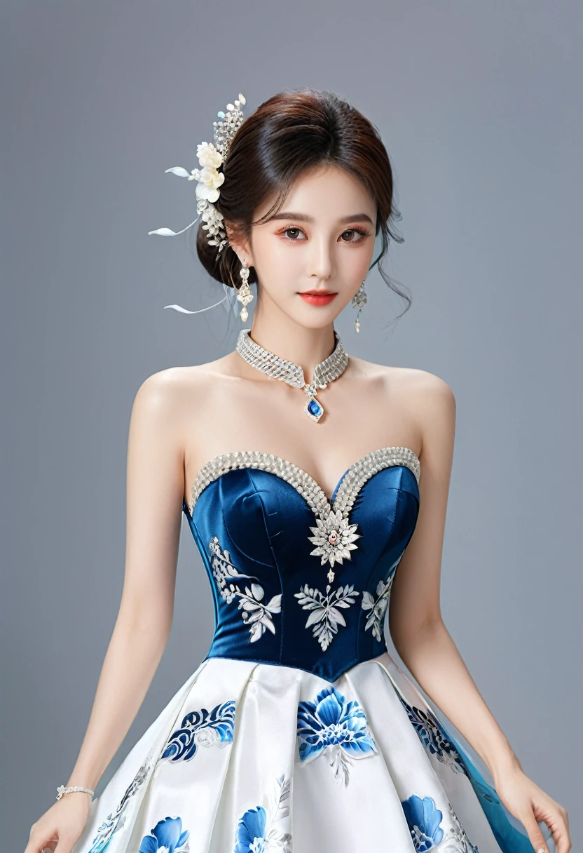 Realistic photo style, whole body 사진에 아름다운 아시아 소녀가 등장합니다., Wearing a unique ethnic style evening gown with delicate skin., bright and lively eyes, Thick eyelashes that look especially attractive. Long dresses are slim and elegant., Eye-catching silver jewelry and alcohol. The high-collar design adds an elegant atmosphere., Color of blue and white porcelain. using light and shadow, The vivid and harmonious appearance of the protagonist is highlighted... whole body, (masterpiece, best quality, professional, perfect composition, very aesthetic, absurd, very detailed, intricate details:1.3)