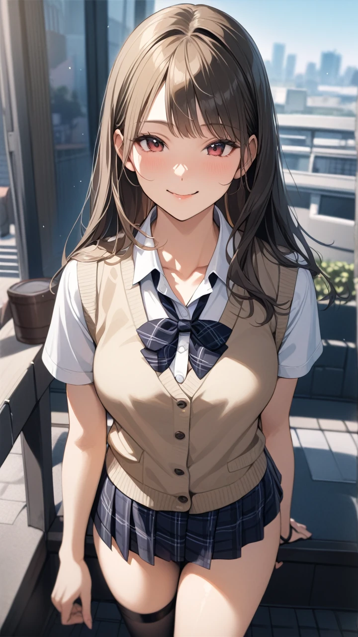 Beautiful sexy 1girl, blonde hair, (straight hair), bangs on one side, head tilt, (waist), plaid skirt, red bowtie, arms behind back, looking at viewer, happy smile, tokyo, outdoor, from above, 20 yo, (depth of field), masterpiece, best quality, wearing bikini, cleavalage:1.1, (illustlation)