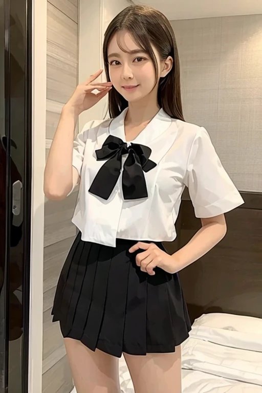 Gravure idol pose　Hotel　bed　uniform　White clothes　high resolution　Not too small bust　Black Mini Skirt　Shorten your skirt. Height 157cm