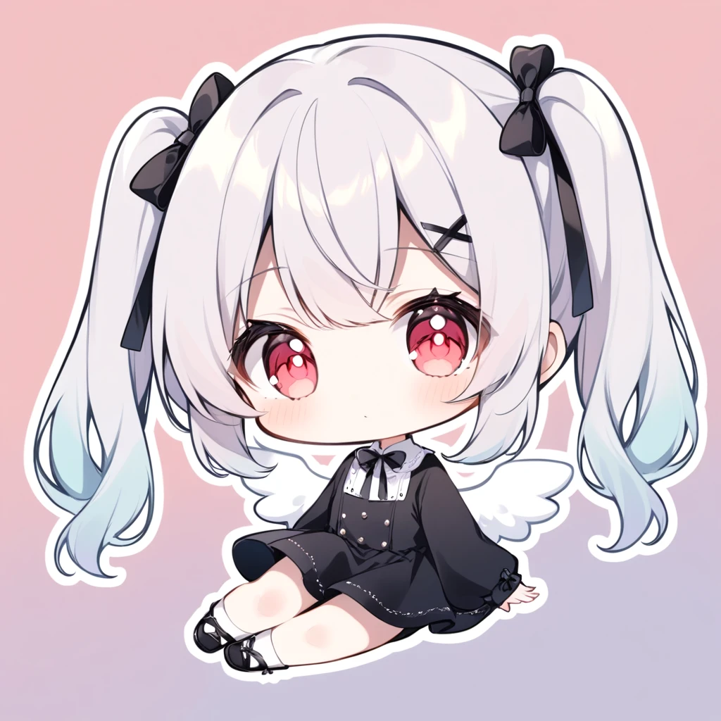 pastel colors, chibi, (little angel:1.5), 1girl, red eye, twin tails, silver hair, ahoge, black ribbon, black dress