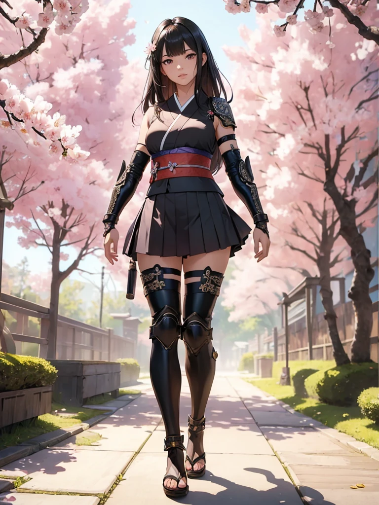 ((1girl, solo)), ((mature female)), beautiful body, (perfect anatomy, perfect body, perfect hands, perfect legs), (five fingers:1.5), natural proportions, sexy body, (((large breasts))), cowboy shot BREAK 

((extremely detailed face)), (beautiful detailed eyes:1.6), (realistic pupils, realistic iris:1), expressive eyes, looking at viewer, (clear eyes:1.3), (hyperrealistic:1.2), (detailed skin texture:1.2), smooth skin, (black hair:1.5), (red eyes:1.3), long hair, (straight hair:1.5), (((bangs))), ((blunt bangs)), hair ornament, hair flower, (detailed lips:1.2), (attractive lips:1.1), (glossy lips:1.1), (parted lips), perfect face, perfect eyes, seductive look BREAK

Samurai, japanese clothes, (short kimono:1.5), sleeveless, elbow gloves, (arm guard:1.5), (micro mini skirt:1.5), pleated skirt, black skirt, zettai ryouiki, thighs, black thighhighs, (greaves:1.3), skindentation, tassel, shimenawa BREAK

Outdoors, day, (spring:1.3), (((cherry blossoms))), nature, ((trees)), forest, (((ancient japan))), medieval fantasy  BREAK 

(masterpiece:1.5), anime-style, top quality, best quality, (beautiful and aesthetic:1.2), (ultra detail:1.5), Ultra-detailed depiction, Ultra-precise depiction, extremely detailed 8k illustration, high resolution, (highly detailed shading:1.2), (realistic lighting:1.4), perfect lighting, vibrant colors, dynamic tones, striking hues, 8k, absurd resolution, perfect shadows, hdr, UHD, ambient lighting, realistic, ultra-realistic, photo realistic, highly detailed, rich detail, luminous colors, fine texture, intricate design, professional illustration, (soft light:1.2), (illustration:0.7)