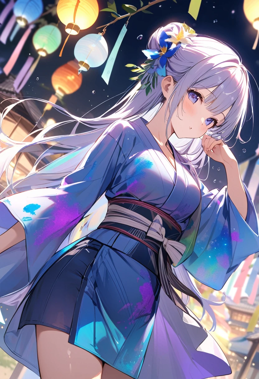 Tanabata、strip、Bamboo Leaves、stripに願いをこめて、stripを持っている、yukata,fluid,Particles of light, dream-like,Sparkling,dream-like glow,Paint dripping,Oil,strong stroke,Paint dripping,Splash Paint Drop, Oil,(Abstract:1.2)Girls and boys(Tanabataライトトレース:1.25),After change (Radioluminescence Light Tracking) スタイルTanabata,Orihime and Hikoboshi(Cowboy Shot,Above Knee Portrait:1.25),Temple Fair,Summer festival,Iridescent、16K, Ultra-high resolution, to be born,wonderful ,future、Iridescent、The world 30 years from now。