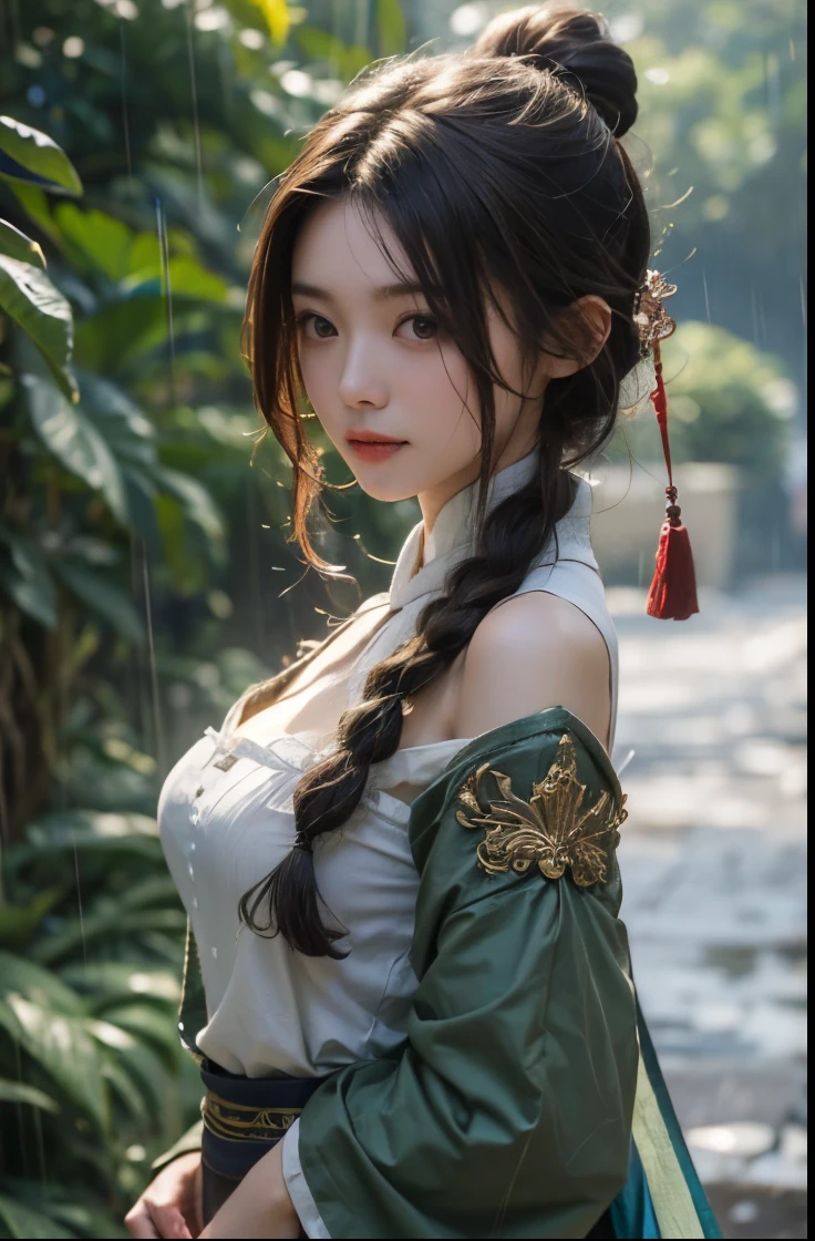 A 1 meter 60 year old busty woman raining with her body all wet and the rain falling on the ground Walking through the forest with her feet on the ground hair braided in a compound, elegant style is portrayed in a stunning scene. Your braided hair displays a variety of patterns and textures, demonstrating skill and art in creating the hairstyle. The woman is portrayed with a confident posture, smiling and proud, highlighting its beauty and authenticity. Your facial features are distinct and expressive, reflecting your individuality and inner strength. The scene is softly lit, highlighting the details of the braided hair and the beauty of the woman. Your presence is captivating, conveying a sense of grace and determination. This depiction of a black woman with braided hair is a celebration of black culture and beauty., capturing the elegance and pride of a traditionally significant hairstyle. she is all wet