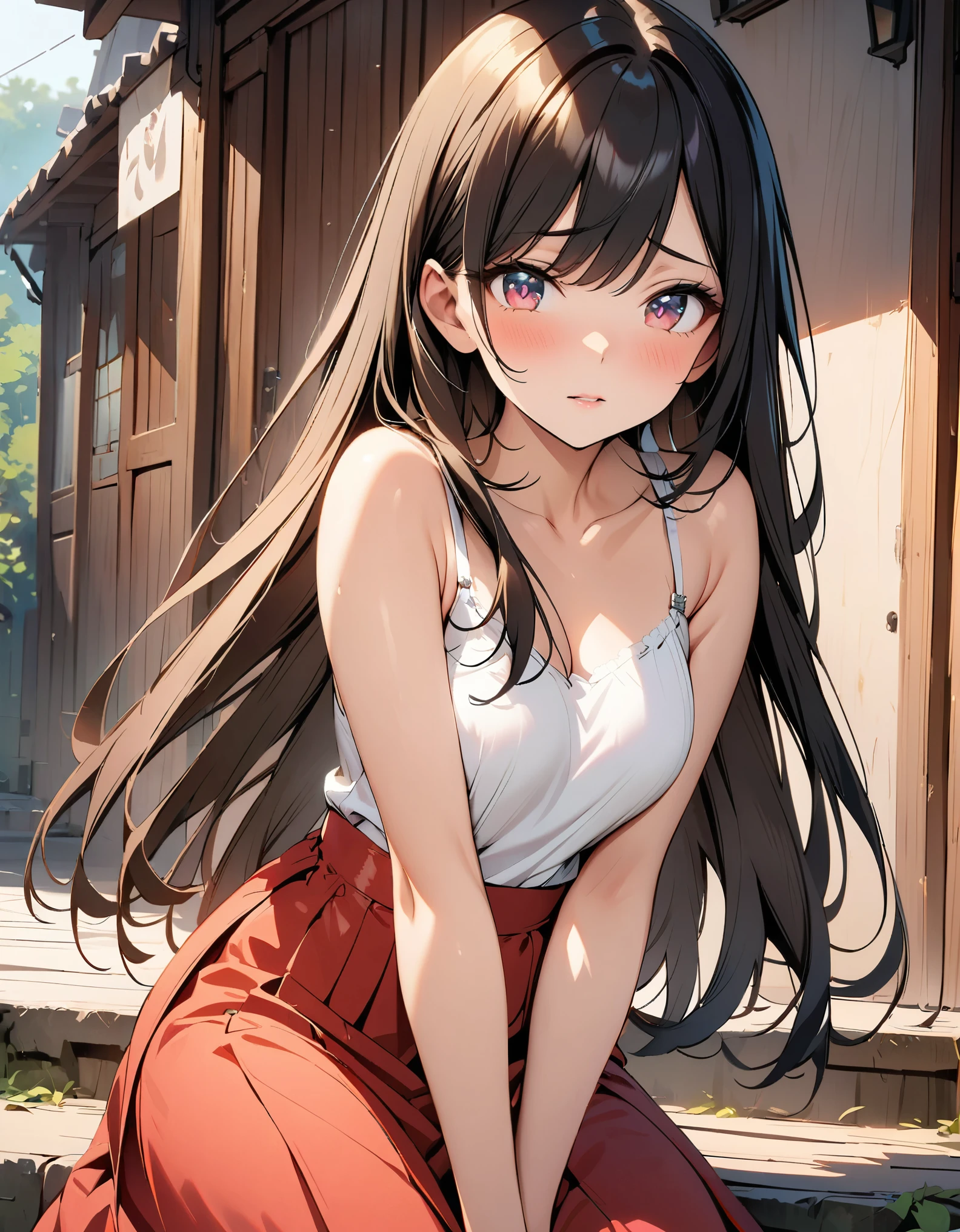 1 lady, Beautiful asian lady, Long straight hair, beautiful face, detailed face, delicate eyes, detailed pupil, beautiful and delicate lips, white camisole long skirt, Simple and stylish, hand drawn animation, high detailed, outdoor, blush, shy, heart, in love, symmetrical clothes, best quality, masterpiece, retina