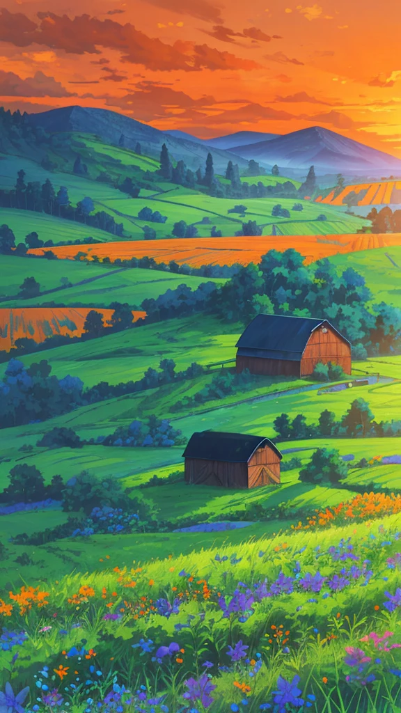 Farm land scenery filled with blue wild flowers, green trees and beautiful orange sky and barn with blue roof