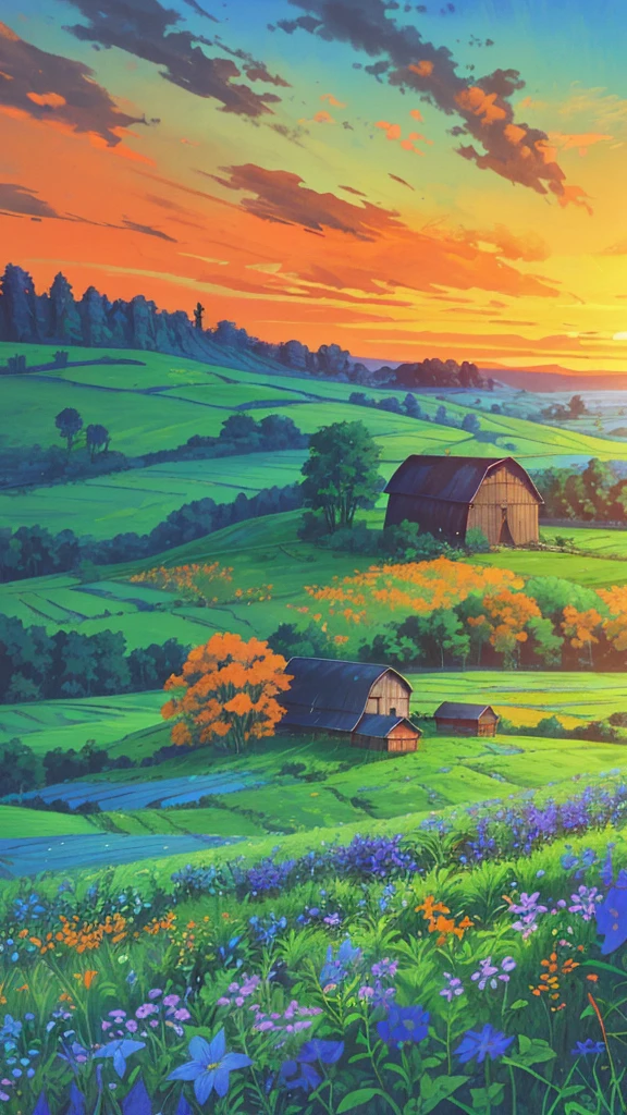 Farm land scenery filled with blue wild flowers, green trees and beautiful orange sky and barn with blue roof