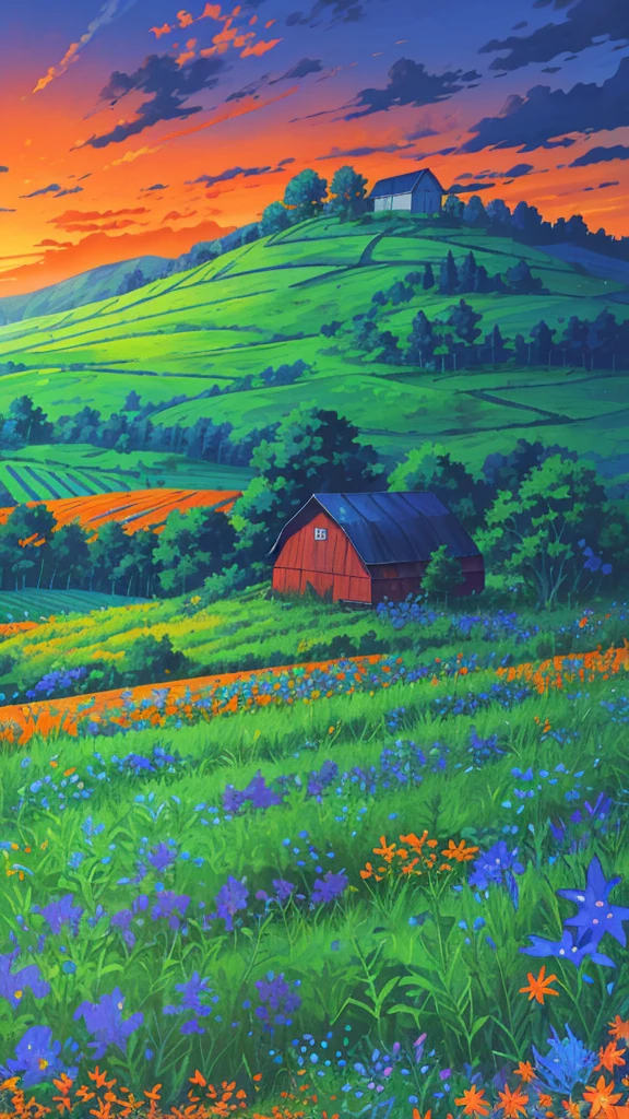 Farm land scenery filled with blue wild flowers, green trees and beautiful orange sky and barn with blue roof
