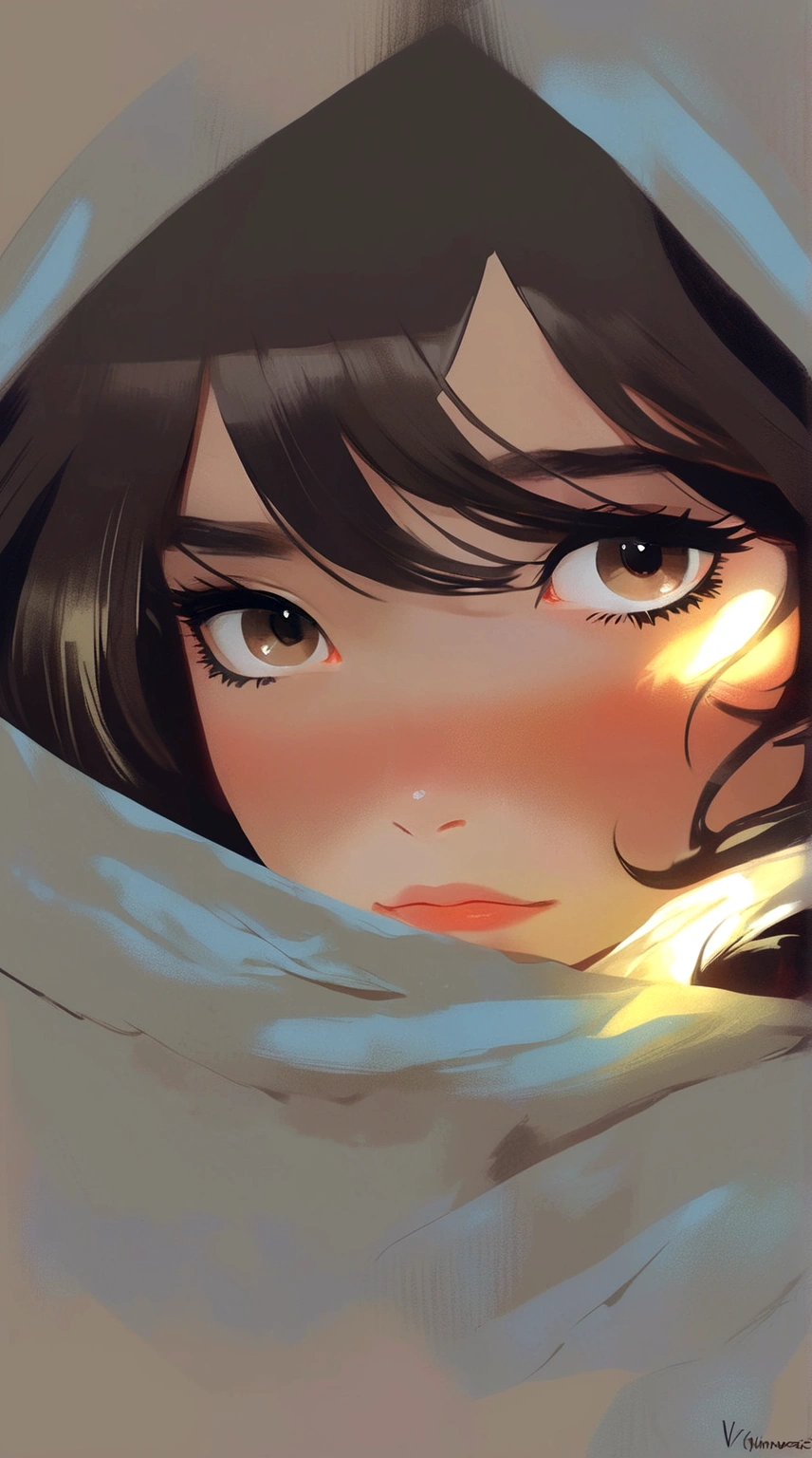 anime girl with dark hair and brown eyes hiding under a blanket, a digital painting by Ilya Kuvshinov, pixiv contest winner, digital art, digital art ilya kuvshinov, ilya kuvshinov face, kuvshinov ilya, breathtaking ilya kuvshinov, ilya kuvshinov style, digital anime illustration, kuvshinov