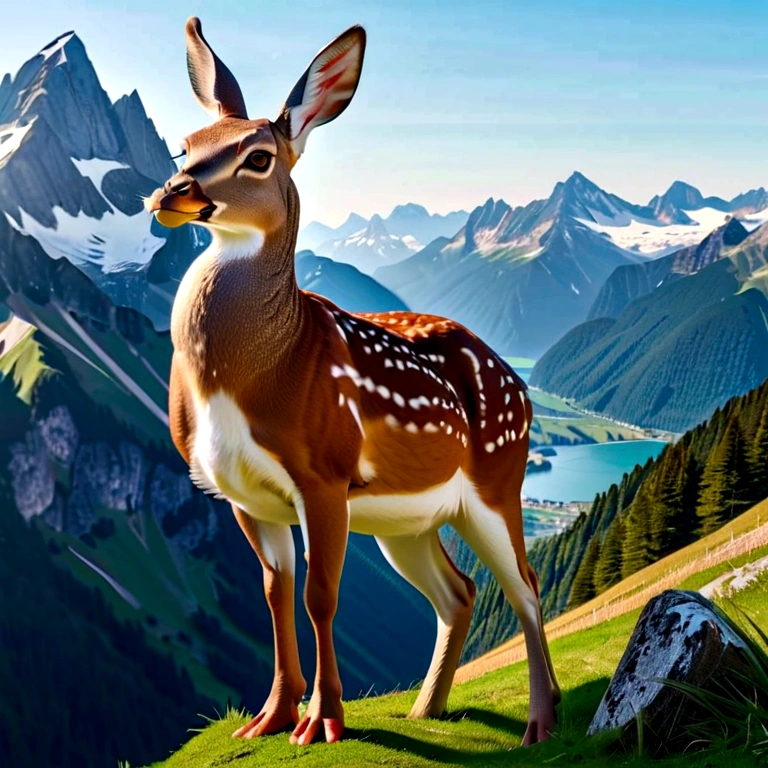 A detailed, hyperrealistic 4K representation of a Bavarian Wilpertinger from a duck, A rabbit, and a deer, with Tyrolean hat, with sharp edges, in a mountain landscape in the background in vector graphics
