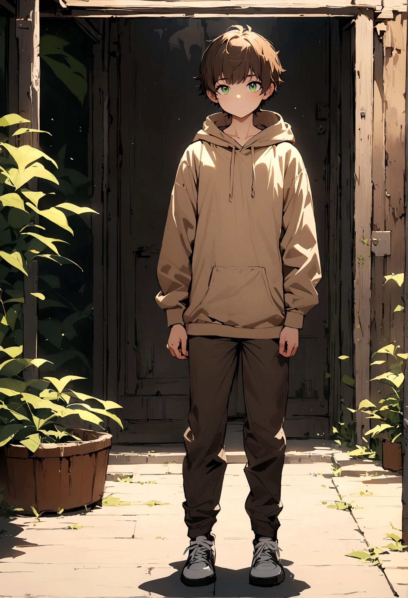 fullbody,masterpiece,standing,light brown hoodie,dark brown unruly short hair,green eyes, bangs,teen,1boy,solo
