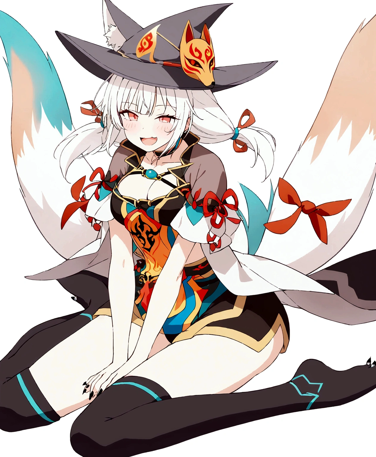 1girl,Solo, Happy smiling official art, Unity 8k wallpaper, Ultra detailed, Beautiful and aesthetic, Beautiful, Masterpiece, Best quality, Kitsune witch, kitsune mask, Pink and white haori jacket, Foxfire spell, The fox is familiar, Transformation,Depth of field,