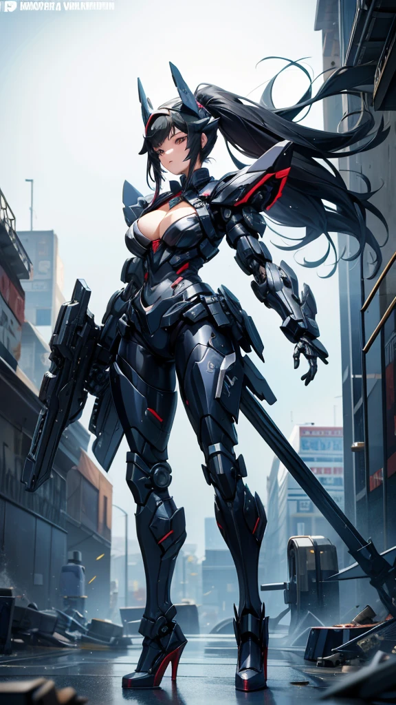 A huge mecha girl with long black hair and ponytail，Chest，cleavage，Full body black armor，helmet，slim figure，robot，mechanical joint，Thruster，high heels，front，Sci-fi city