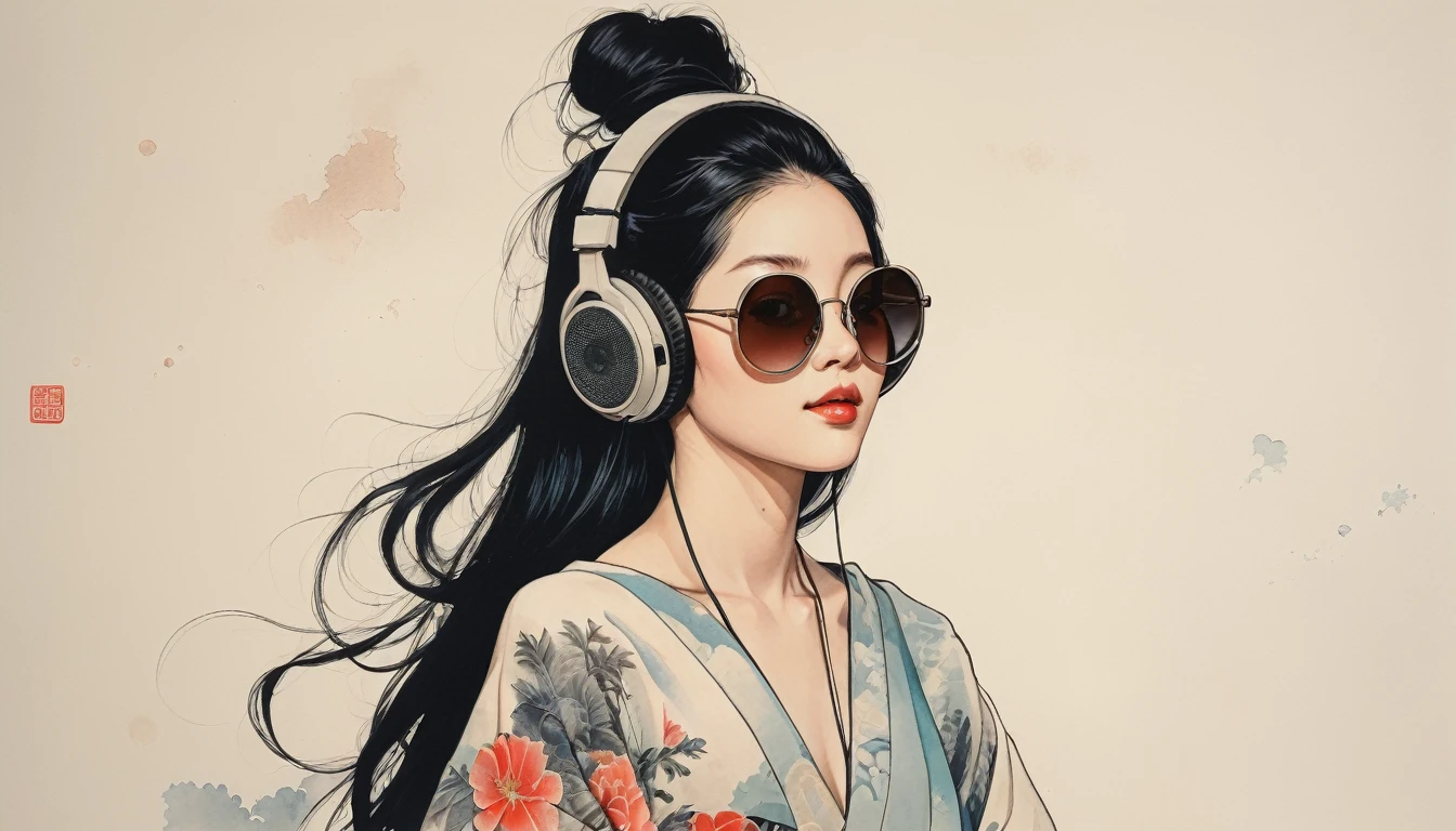 (((Highest quality))), Ink Painting, (((1 girl))), (((tattoo))), (((Light colored sunglasses))), Japanese style headphones, Japan刀, beautiful girl, Black Hair, Delicate and precise, Modern ukiyo-e style, Japan