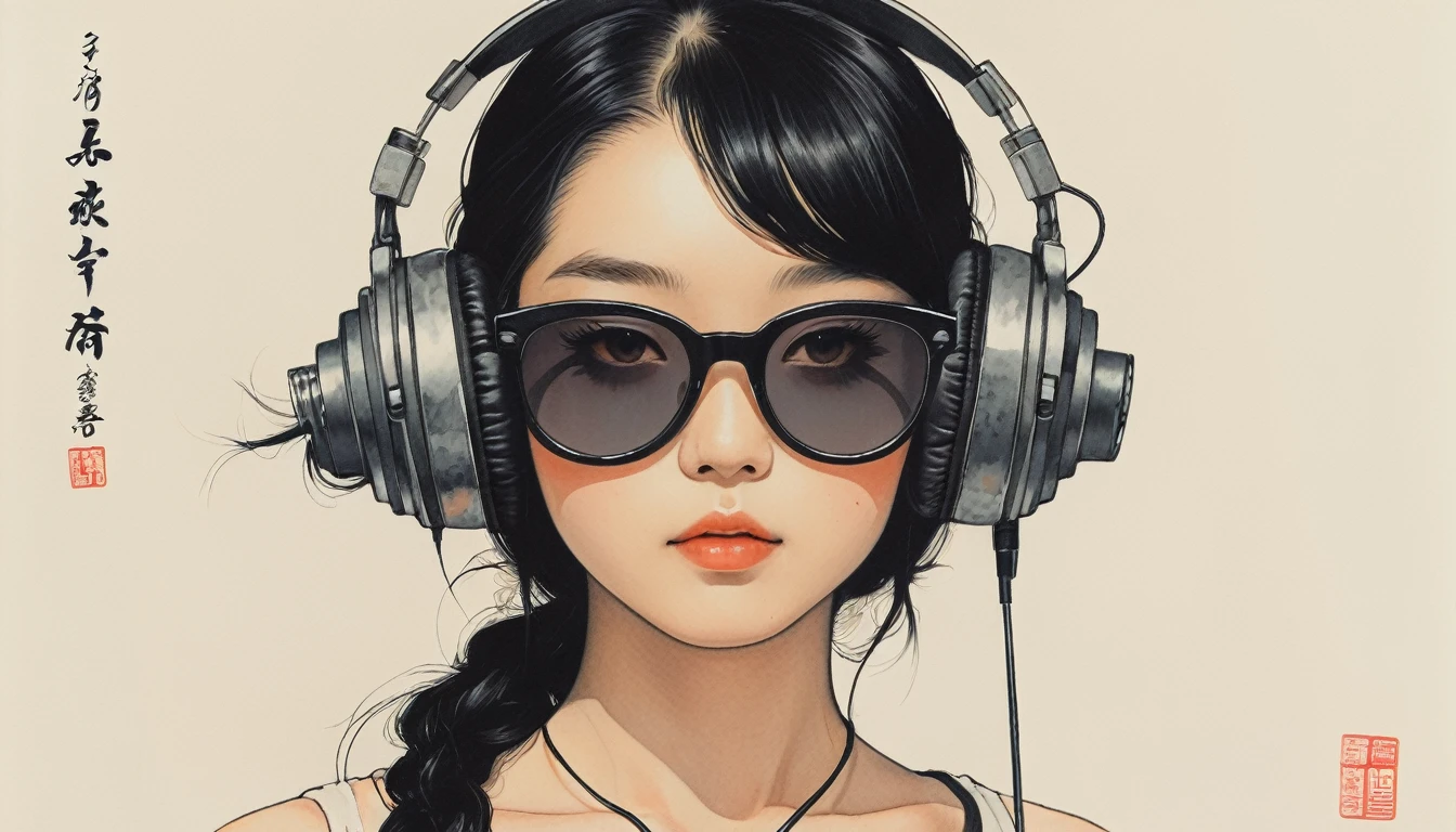 (((Highest quality))), Ink Painting, (((1 girl))), (((tattoo))), (((Light colored sunglasses))), Japanese style headphones, Japan刀, beautiful girl, Black Hair, Delicate and precise, Modern ukiyo-e style, Japan