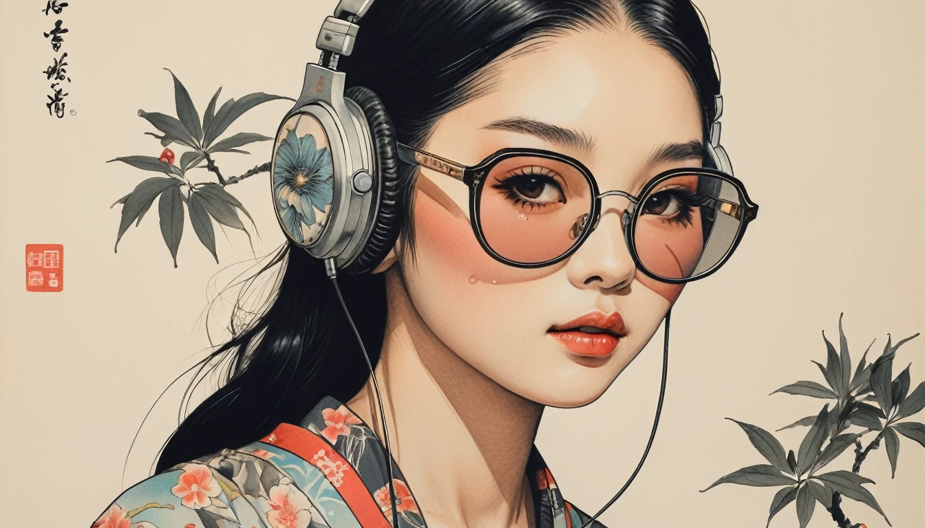 (((Highest quality))), Ink Painting, (((1 girl))), (((tattoo))), (((Light colored sunglasses))), Japanese style headphones, Japan刀, beautiful girl, Black Hair, Delicate and precise, Modern ukiyo-e style, Japan